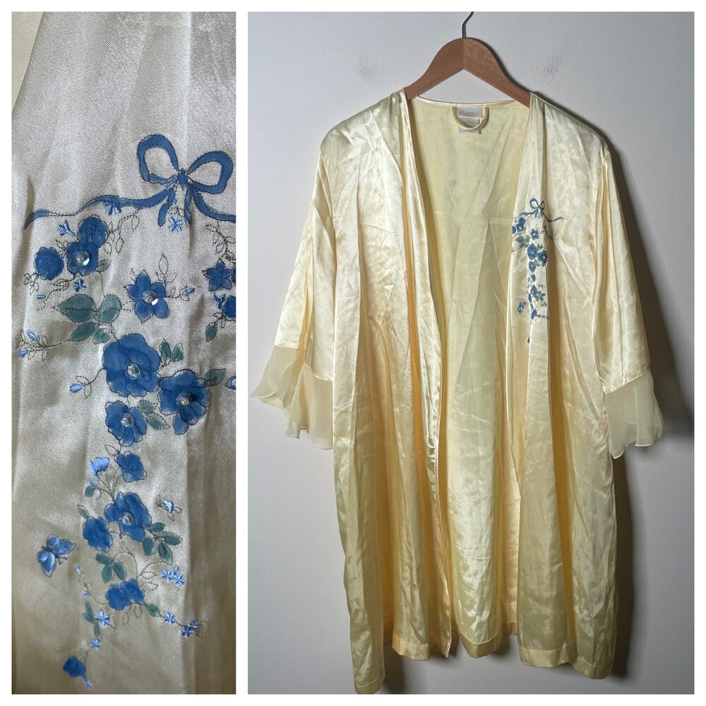 Butter Yellow Satin Robe Blue Flowers Bow Coquette Cottage Feminine Retro XL